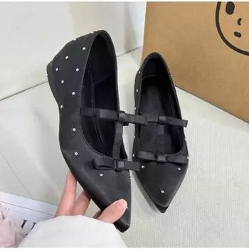 New inner height increase 5cm polka dot satin pointed shoes bow commuting versatile temperament small single shoes women 34