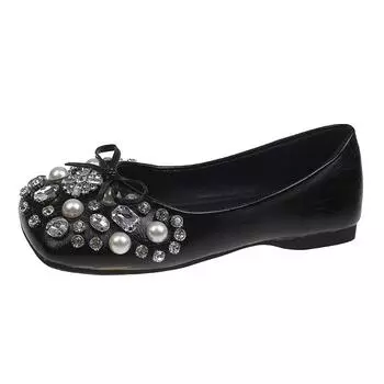 New inner height-increasing women s shoes flat-soled wedding shoes shallow mouth single shoes women s leather rhinestone ladyshoes one pedal Doudou 40