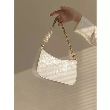 New Ins Crocodile Pattern Single-shoulder Underarms Women s Bag, Fashionable Pearl Chain Temperament Small Square Bag