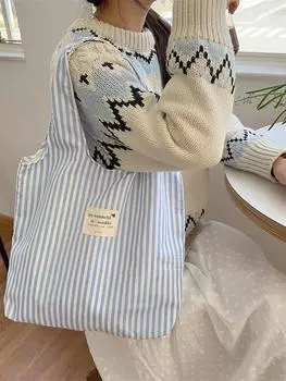 Новая полосатая холщовая сумка для студенток, сумка-тоут на плечо, большая вместимость, сумка-жилет для весны и лета