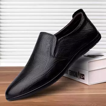 New Italian Genuine Leather Shoes Men Loafers Casual Dress Flats Luxury Brand Soft Man Moccasins Comfy Slip On Formal Boat Shoes 38 чёрный