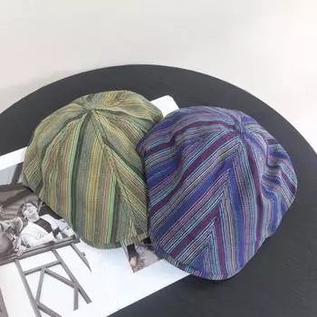 New Japanese Antique Colorful Stripe Forward Hat Women s Retro Versatile Show Face Small, Reverse Wearing Duck Tongue Beret M56-58cm зелёный