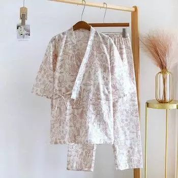 Новый японский комплект кимоно весна/лето женский пижамный комплект из 100% хлопковой марли комплект из двух предметов женский халат домашняя меховая одежда для сна M