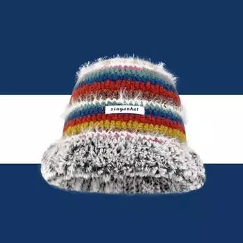 New Japanese Retro Handmade Knitted Woolen Hat With Color Blocked Stripes, Warm Basin Hat, Plain And Versatile Hat 56-58CM