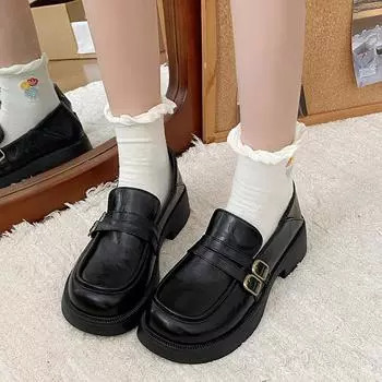 New Japanese Style Lolita Shoes Women Classic Double Buckle Mary Jane Shoes College Student Cosplay JK Uniform Loafers Flats 35 чёрный