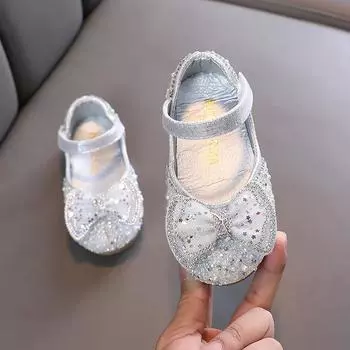 New Kids Leather Shoe Spring Autumn Fashion Children Princess Shoes Shallow Sequins Bowknot Girls Flat Shoes Non-slip Versatile 21 чёрный