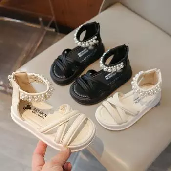 Новые детские сандалии для девочек Sweet Pearl Детские летние сандалии Модные однотонные детские сандалии принцессы в римском стиле с мягкой подошвой 26 чёрный