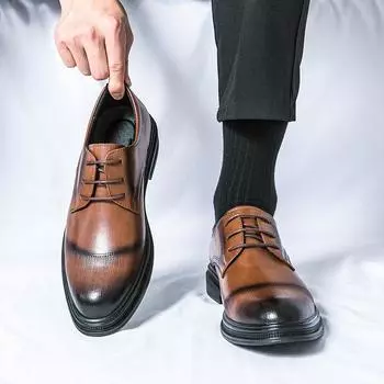 New Korean Fashion Brand Men s Pointed Block Comfortable Leather Shoes Spring Men Business Lace Up Formal Wedding Leather Shoes 38 чёрный