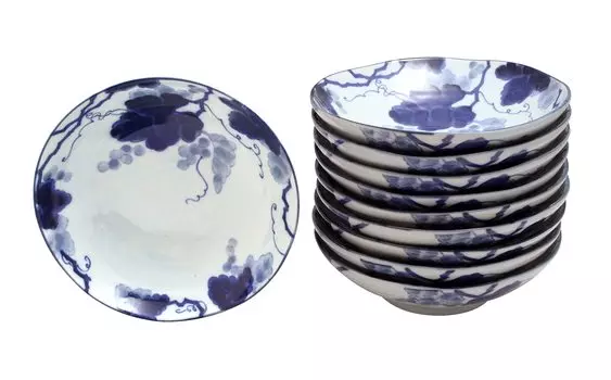 New Kyoto Obanzaiyasan Series Aizome Grape Rokuhei 55 Shallow Bowl Set of 10 [Commercial Set]