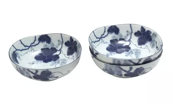 New Kyoto Series Indigo Dye Grape Triangle 55 Bowl Set of 3 [Commercial Set] Obanzaiya-san