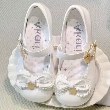 New lace bow ballet round head low heel small leather shoes princess bow 35