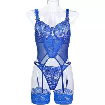 Новый кружевной сексуальный комплект нижнего белья для женщин, белый, с цветочной вышивкой, полый бюстгальтер-ковер и пояс для чулок, горячий эротический комплект нижнего белья из 3 предметов S