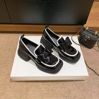 Новые лакированные черно-белые туфли, женские туфли в стиле ретро на толстой подошве, маленькие кожаные туфли в британском стиле, лоферы с бантом на массивном каблуке и квадратным носком 35