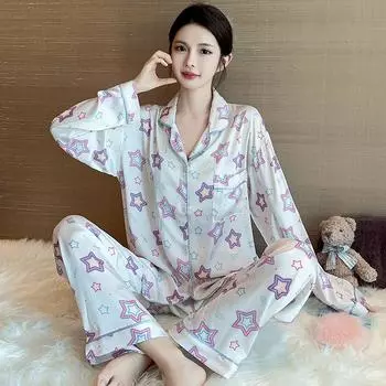 New Ladies Fashion Ice Silk Pajamas Homewear Set Girls Senior Pajamas Long-Sleeved Sweet Stars Full Print Pajamas Homewear Set M