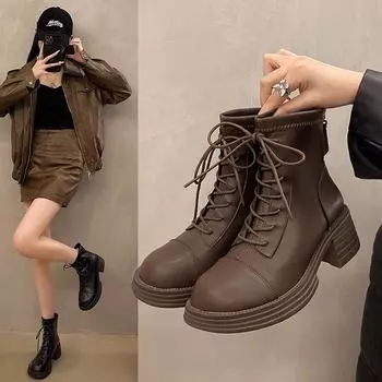 New Ladies Shoes Med Heel Boots Boots for Women 2024 Mid-Calf Ladies Mid PU Solid Color Women s Footwear Botines Mujer 35 чёрный