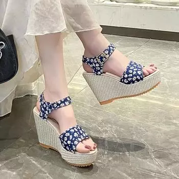 New Ladies Shoes Open Toe Women s Sandals Fashion Printing Casual Sandals Women Summer Plus Size Best Seller Wedge Sandals 35 синий