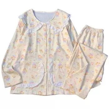 New Ladies Spring and Fall Pajamas Homewear Set Girls Cloud Cotton Long-Sleeved Cute Doll Collar Cartoon Homewear Pajamas Set M жёлтый