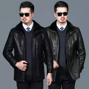 New lapel men s leather jacket winter sheepskin middle-aged leather jacket men s fur one-piece jacket M