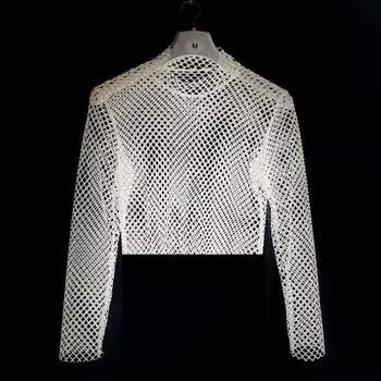New Large Mesh Half-High Collar Long Sleeves Tops Inner Wear Unique Street Dancing Fashion European and American Style Midriff Outfit Crop Top T-shirt White S