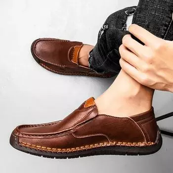 New Large Size Leather Men s Casual Shoes Handmade Men Style Shoes Comfortable Men s Moccasins Breathable Mens Loafers Sneakers 38 светло-коричневого