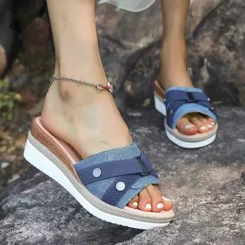 New Large Size Slope Heel One-Word Slippers Women s Slippers Slope Heel Muffin Thick Bottom Sandals Women 36 чёрный