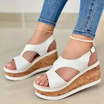 New large size wedge heel fish mouth sandals women s platform muffin side empty high heel cool slippers source 35 белый