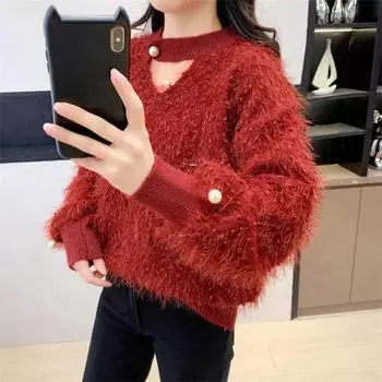 New Lazy Wind Spring and Autumn New Year Red Furry Hollow Sweater Women s Design Loose Knitted Sweater Outer Wear One size красный