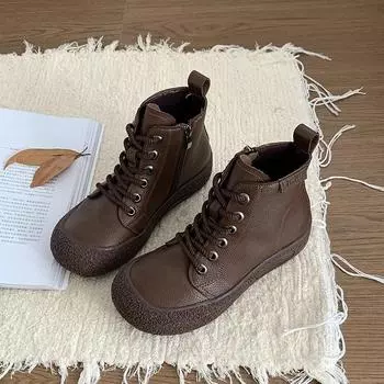 New Leather Ankle Boots Women s Laced Up Waterproof Shoes Ladies Wide Fit Short Boots Woman Oxfors Shoes Brown Booties 35