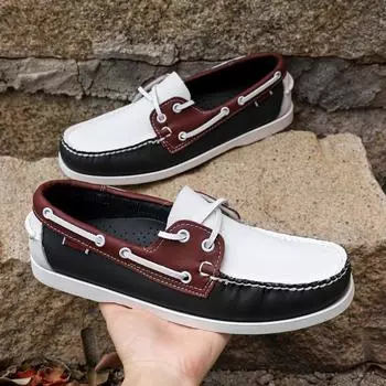 New Leather Breathable Men Peas Shoes British Casual Sneakers Handmade Man Boat Shoes Fashion Matching Non-slip Men Driving Shoe 39
