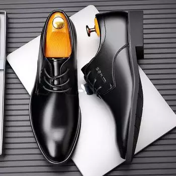 New Leather Men Oxfords Shoes All-match Lace Up Italian Mens Casual Shoes Versatile Formal Dress Footwear Business Derby Shoes 38 чёрный