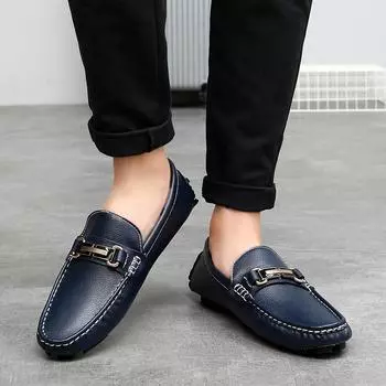 New Leather Men s Slip on Footwear Office Man Driving Shoes Leisure Walk Male Loafers Breath Moccasins Simple Outdoor Footwear 36 чёрный