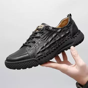 New Leather Mens Casual Shoes Lace Up Outdoor Walking Sport Shoes Crocodile Pattern Crocodile Pattern Oxford Shoes Men Sneakers 38 чёрный