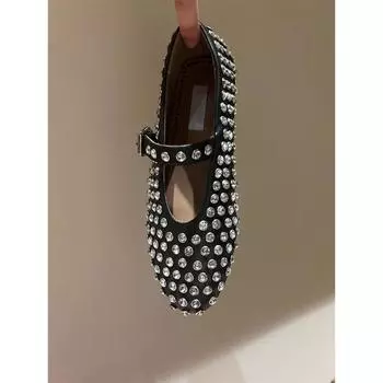 New leather round head rhinestone rivets Mary Jane single shoes women s flat comfortable ballet dancing shoes 35