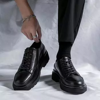 New leather shoes men s Korean version trendy versatile shoes men s lace-up casual youth British black small leather shoes 86295-M 38 чёрный