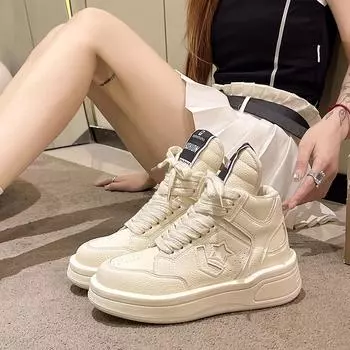 New Leisure Genuine Leather High-top Women Sneakers Shoes Thick Sole Daddy Shoes Casual Round Toe Sports Tennis White Lace-up 35 чёрный