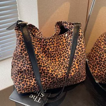 Новая холщовая сумка-мессенджер с леопардовым принтом 2024 года, новая модная сумка для покупок, большая вместительная сумка через плечо из холста чёрный