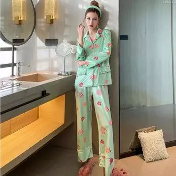 Новая женская пижама с буквенным принтом, кардиган с лацканами, длинный рукав, из двух частей, свободная, цифровая, золотая, бархатная, домашняя одежда M зелёный