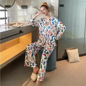 Новая женская пижама с буквенным принтом, кардиган с лацканами, длинный рукав, из двух частей, свободная, цифровая, золотая, бархатная, домашняя одежда M