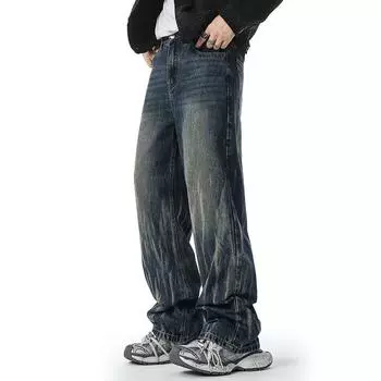 New Lightning-print Washing Jeans Loose Straight-leg Slimming American High Street Trousers S синий