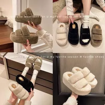 New lightweight fluffy slippers women s thickened one-word cotton shoes fashion 8 cm polyurethane soft-soled fluffy slippers 34