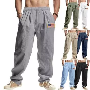 New Linen Men s Casual Pants Wide-leg Pants for Men S светло-зеленый