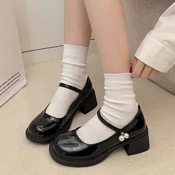 New Lolita Shoes Women Japanese Style Mary Jane Shoes Women Vintage Pearl buckle High Heel Platform Shoes College Cosplay Shoes 4.5