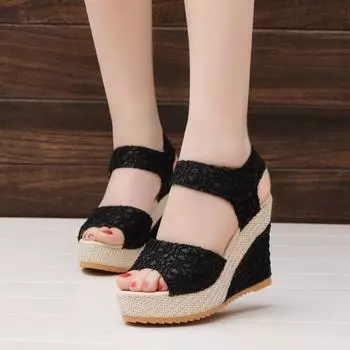 New long-term women s sandals summer wedge sandals Velcro platform muffin shoes lace hollow heel sandals women 34 чёрный
