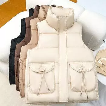 New loose stand-up collar large pocket down cotton clothes vest winter cotton vest women s fashion outer wear batch M белый