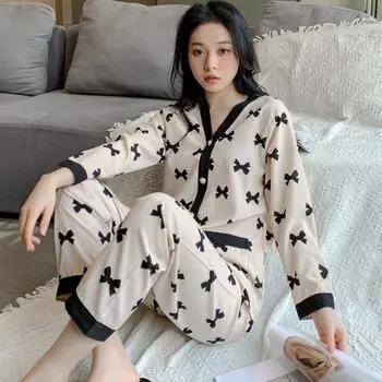 New Love Letter Print Women s Pajamas Button V-Neck Design Autumn Fashion Sleepwear Sets Soft Casual Cute Korean Homewear M