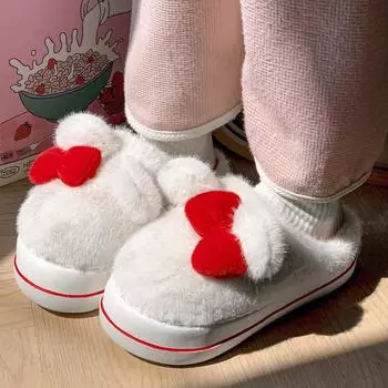 New Lovely Bowknot Slippers Women Cotton Slides Thick Plush Footwear Women Fluffy Platform Slippers Ladies Indoor House Shoes 36-37 белый