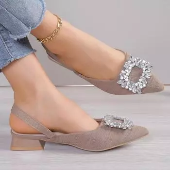 New Low Heeled Sandals Clear Shoes Women s Rhinestone Comfortable Medium Pointed Spring Fashion Girls Work Dress Shoes 35 хаки