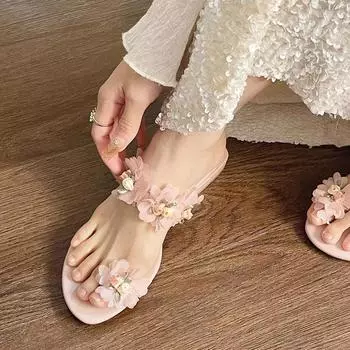 New Low-heeled Slippers Ladies 2025 New Summer Female Shoes Fashion Toe Ring Casual Shoes for Women Outdoor Sweet Flower Sandals 35 розовый