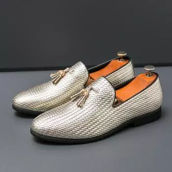 New Luxury Metallic Lustre Weave Pattern Men s Party Shoes Slip-on Leather Loafers Prom Dress Shoes Wedding Silver Shoes Shoes 38 золотой