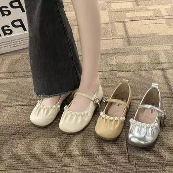 Новые туфли Мэри Джейн, роскошные жемчужные, с круглым носком, с неглубоким вырезом, плиссированные, на плоской подошве, женская обувь 35